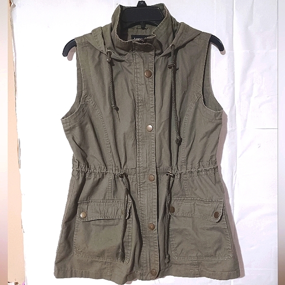 NEW LOOK Military Utility Hood Sleeveless Drawstring Distress Cargo Jacket EUC - Picture 13 of 13